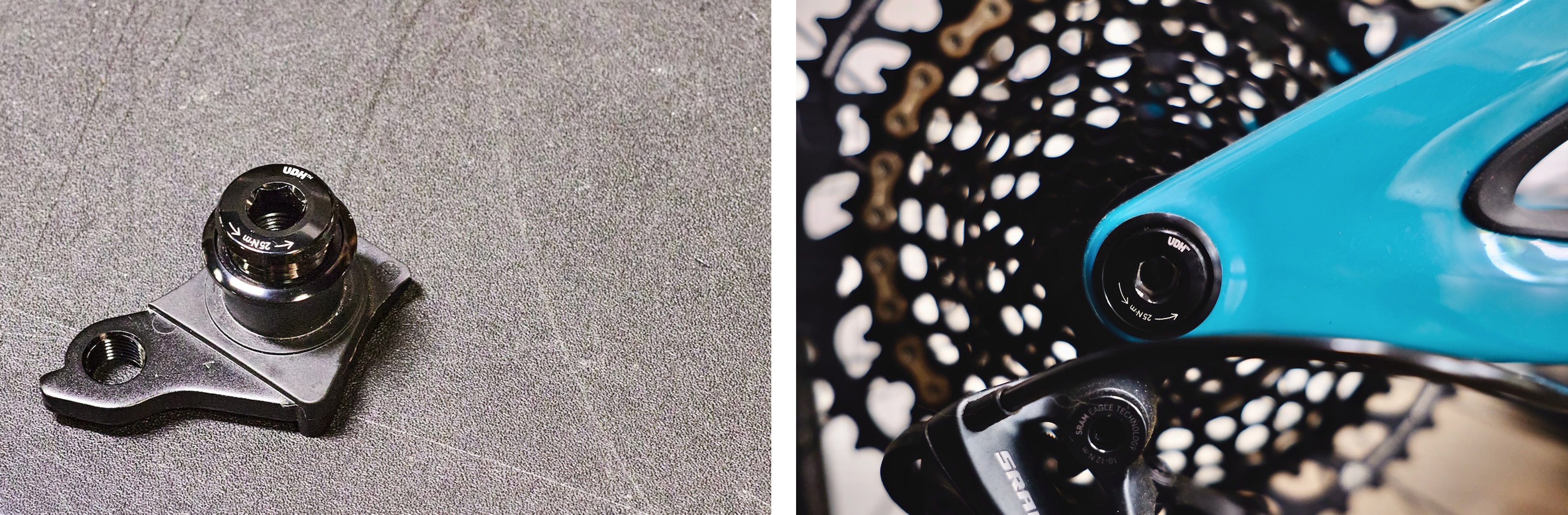 Close up images of a universal derailleur hanger (UDH) used with SRAM Transmission rear derailleurs.