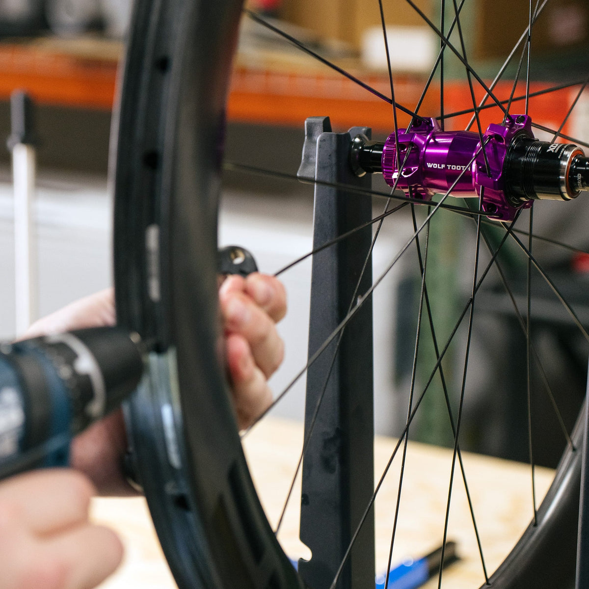 A close-up of a bicycle wheel being mounted or adjusted in a workshop, with a person's hands holding the wheel and using a power tool. The wheel has a black rim and spokes, and the hub is a bright metallic purple.