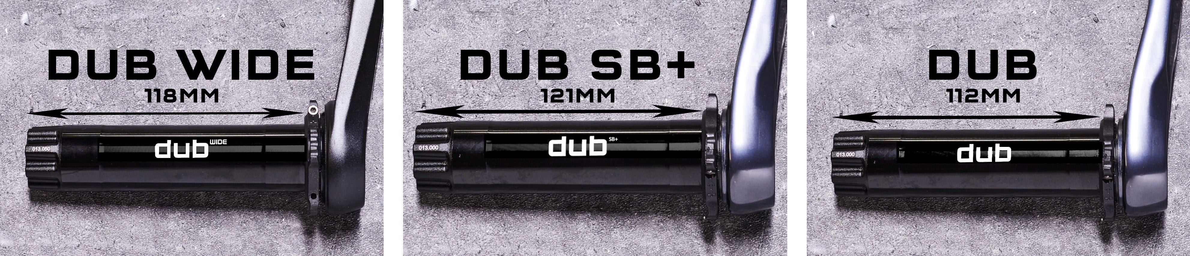 Image showing the spindle length of SRAM DUB, DUB SB+, and DUB WIDE cranksets.