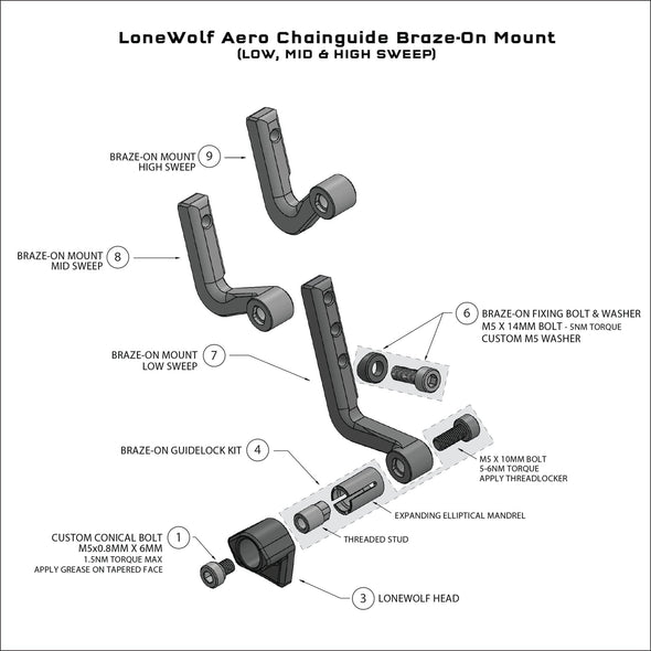 Exploded diagram showing replacement of the Wolf Tooth Lonewolf Aero Braze-on Mount Chainguide.
