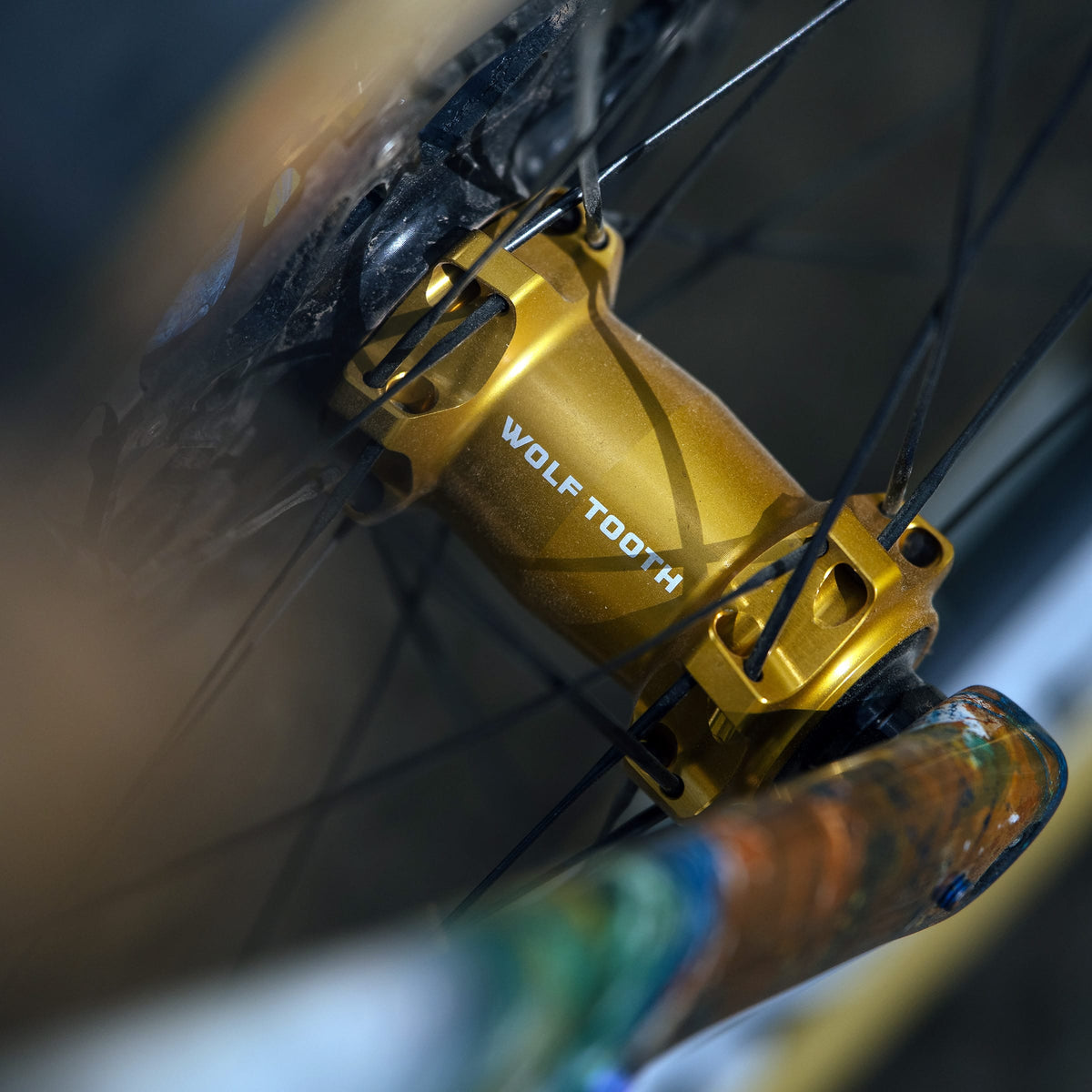 A close-up shot of a gold anodized bicycle wheel hub with the brand name 'WOLF TOOTH' printed on it, mounted on a bicycle wheel.