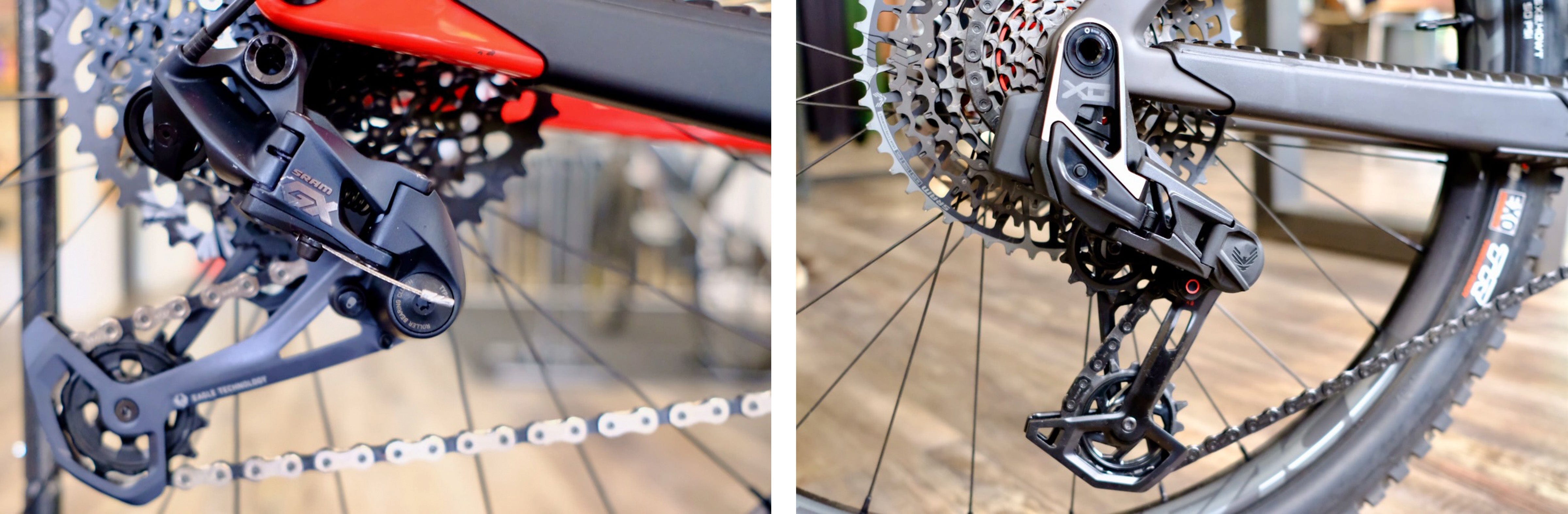 A 12-speed SRAM GX Eagle and a XO Transmission rear derailleur installed on mountain bikes.