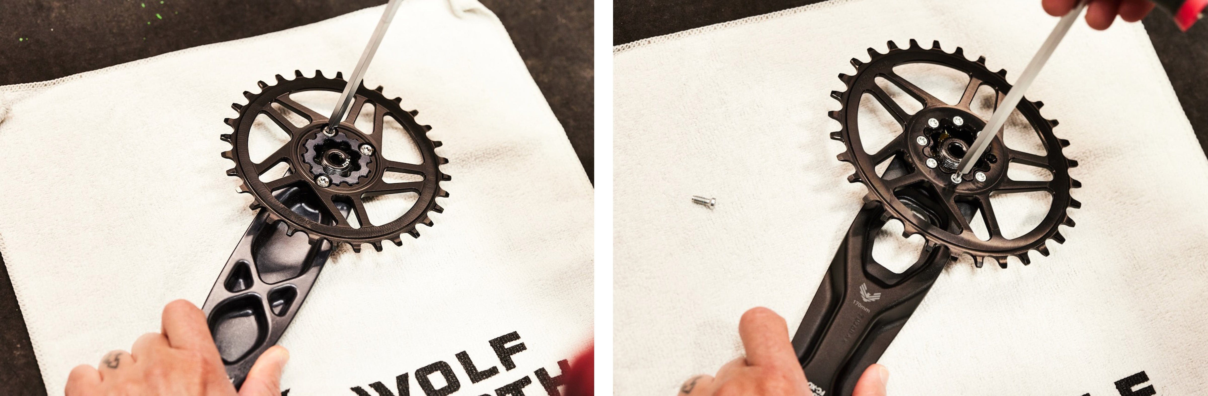 Image showing the back side of SRAM 3-bolt and 8-bolt direct mount chainrings mounted on crankarms.