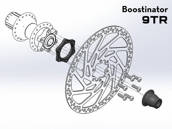 Illustration of where to install the components of a Boostinator 9TR on an Industry Nine Torch Hub.