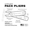 Wolf Tooth Ultra-Light Pack Pliers Infographic with descriptive text: Install and remove master links, Remove Presta valve core, Tire lever, Tighten valve stem lock nut, Store 2 sets of master links (links not included), Magnetic closure, Lightweight 7075-T6 aluminum, Unique patent pending design, Design & Manufactured in the USA