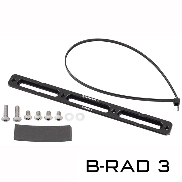 Wolf Tooth B-RAD 3 with zip tie, 2 long mounting screws, 4 short mounting screws, 2 washers, and foam pad