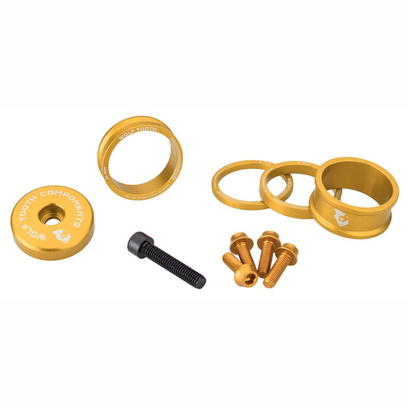 Wolf tooth bling kit 15,10,5,3 spacers-stem cap-water bottle bolts gold