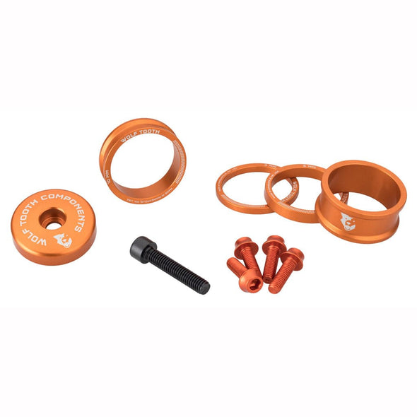 Wolf tooth bling kit 15,10,5,3 spacers-stem cap-water bottle bolts orange