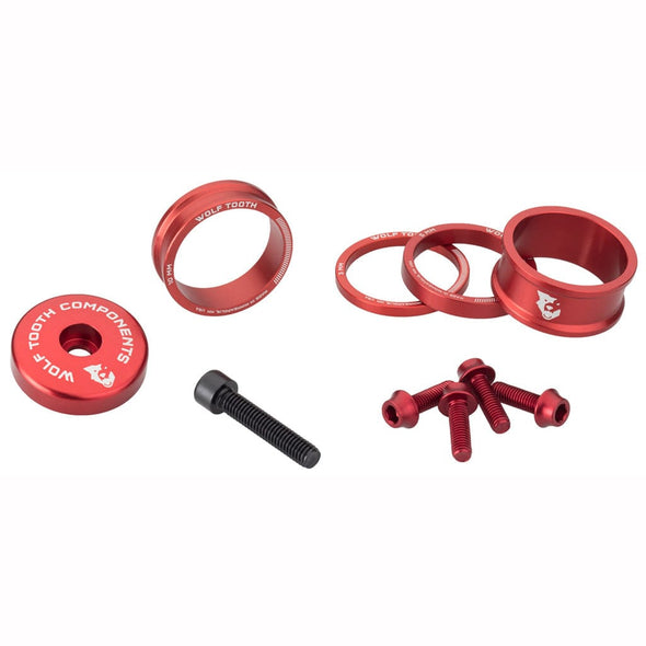 Wolf tooth bling kit 15,10,5,3 spacers-stem cap-water bottle bolts red