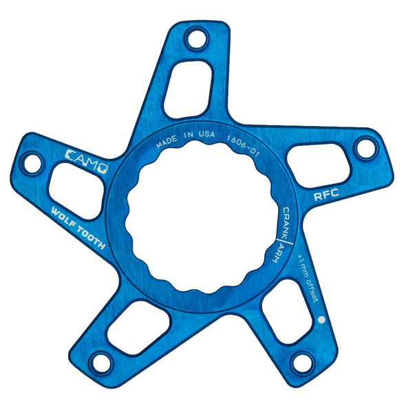 Wolf Tooth CAMO chainring spider for Race Face cranksets, shown in blue anodized color.