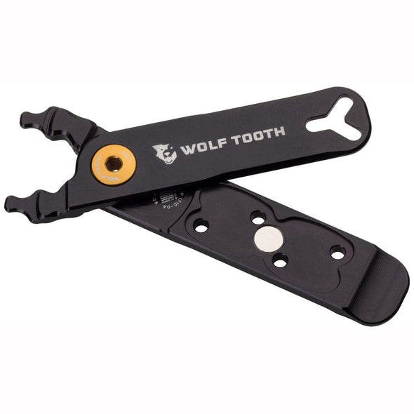 Wolf Tooth Pack Pliers, Master Link Combo Pliers, Black with Gold Bolt, in open position