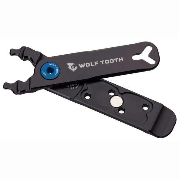 Wolf Tooth Master Link Combo Pliers multitool, shown with a blue chainring bolt.