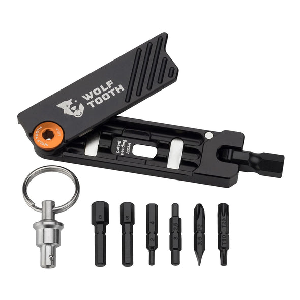 Wolf Tooth 6-Bit Multi-Tool orange bolt with keychain and bits