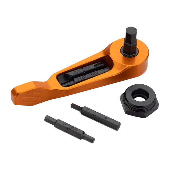 Wolf Tooth Axle Handle Multi-tool removes axle and stores bits for trailside repairs. Also stores on bike using Wolf Tooth rear threaded axle
