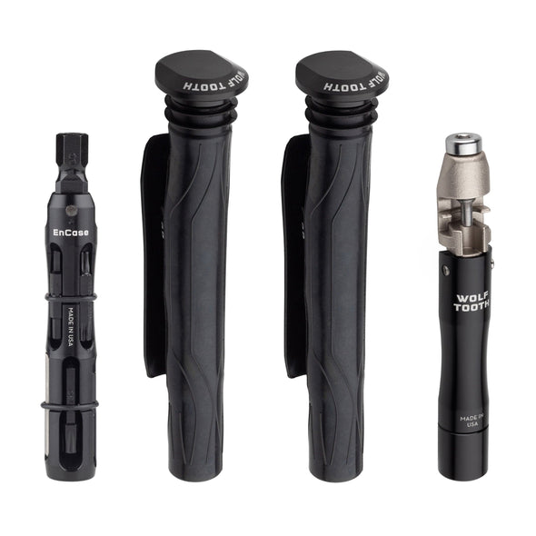Wolf Tooth EnCase tool system, handlebar tool storage, hex wrench, chainbraker, tire plug, storage sleeves