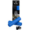 Wolf Tooth Fat Paw handlebar grips in blue both in packaging and sitting in front of packaging with bar end plugs