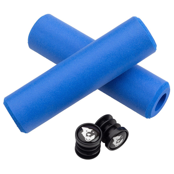 Wolf Tooth Fat Paw handlebar grips in blue with bar end plugs