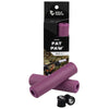 Wolf Tooth Fat Paw handlebar grips in purple both in packaging and sitting in front of packaging with bar end plugs