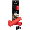 Wolf Tooth Fat Paw handlebar grips in red both in packaging and sitting in front of packaging with bar end plugs