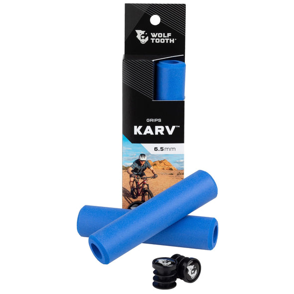 Wolf Tooth Karv grips 100% silicone Blue in the package and outside with bar end plugs