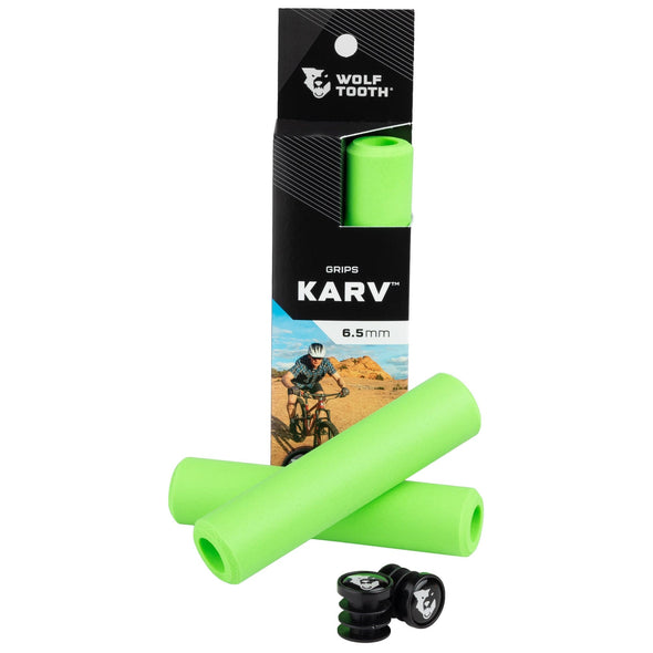 Wolf Tooth Karv grips 100% silicone Green in the package and outside with bar end plugs