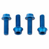 Four blue anodized aluminum alloy water bottle cage bolts in a row