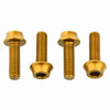 Four gold anodized aluminum alloy water bottle cage bolts in a row
