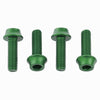 Four green anodized aluminum alloy water bottle cage bolts in a row