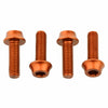 Four orange anodized aluminum alloy water bottle cage bolts in a row