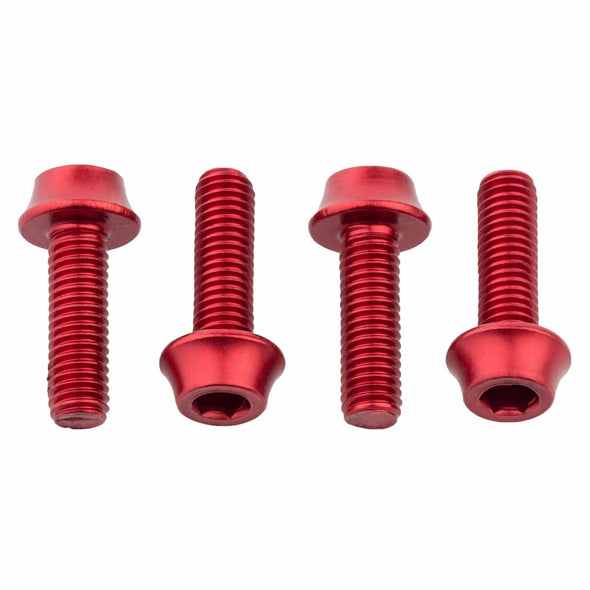 Four red anodized aluminum alloy water bottle cage bolts in a row