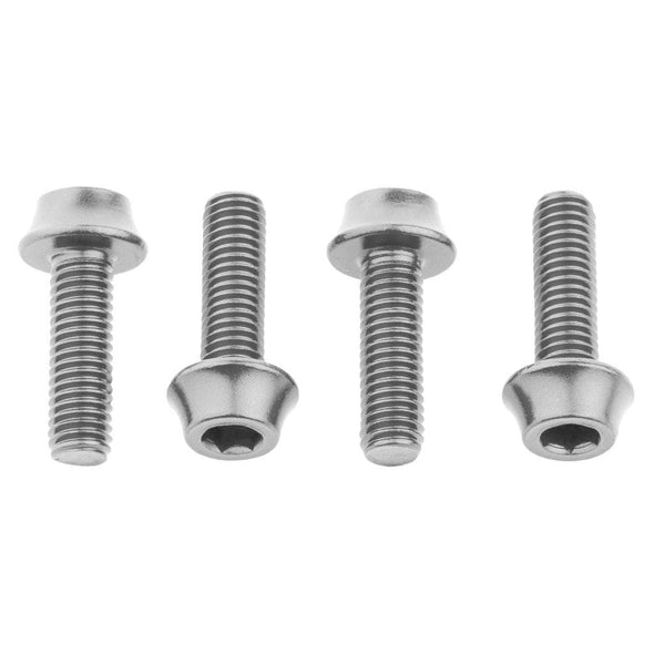 Four silver aluminum alloy water bottle cage bolts in a row