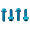 Four teal anodized aluminum alloy water bottle cage bolts in a row