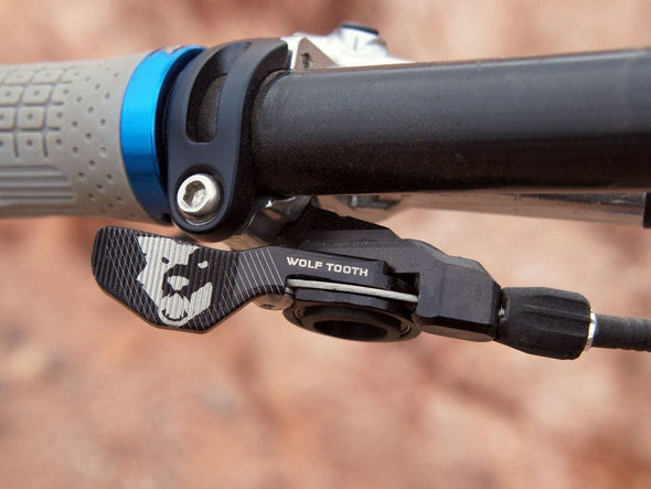 Wolf Tooth ReMote Dropper Lever installed on flat bicycle handlebars